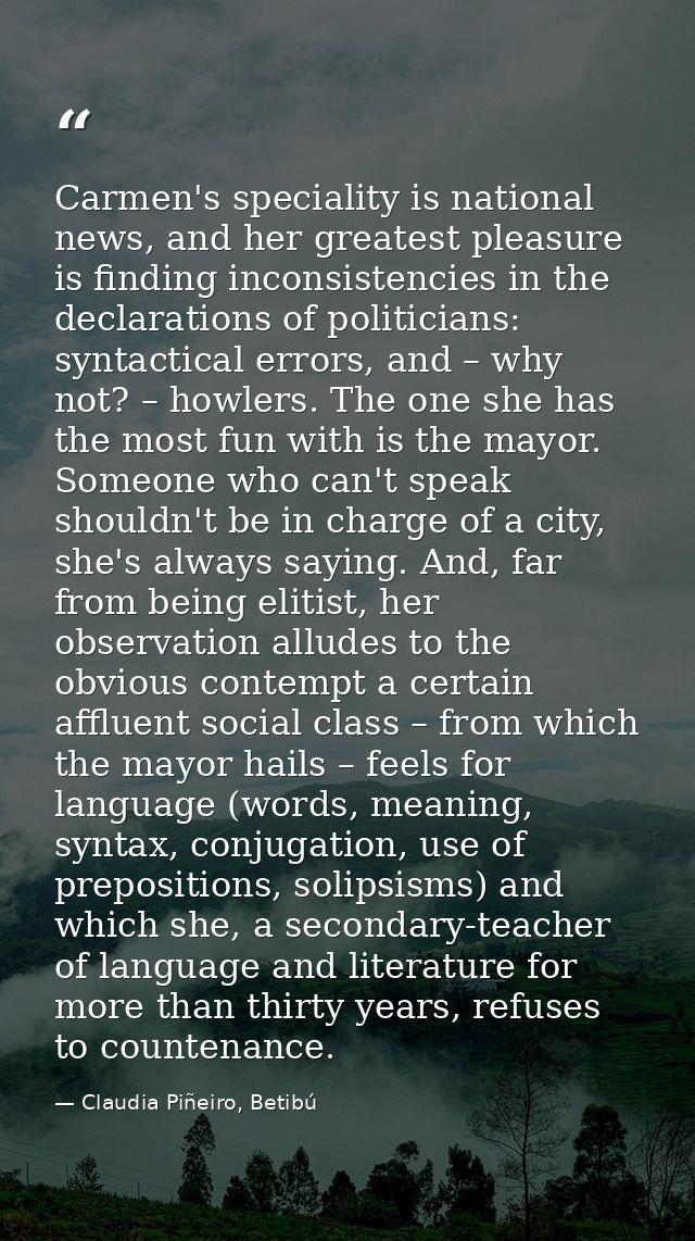 Carmen's speciality is national news, and her greatest pleasure is finding inconsistencies in the declarations of politi — Claudia Piñeiro, Betibú