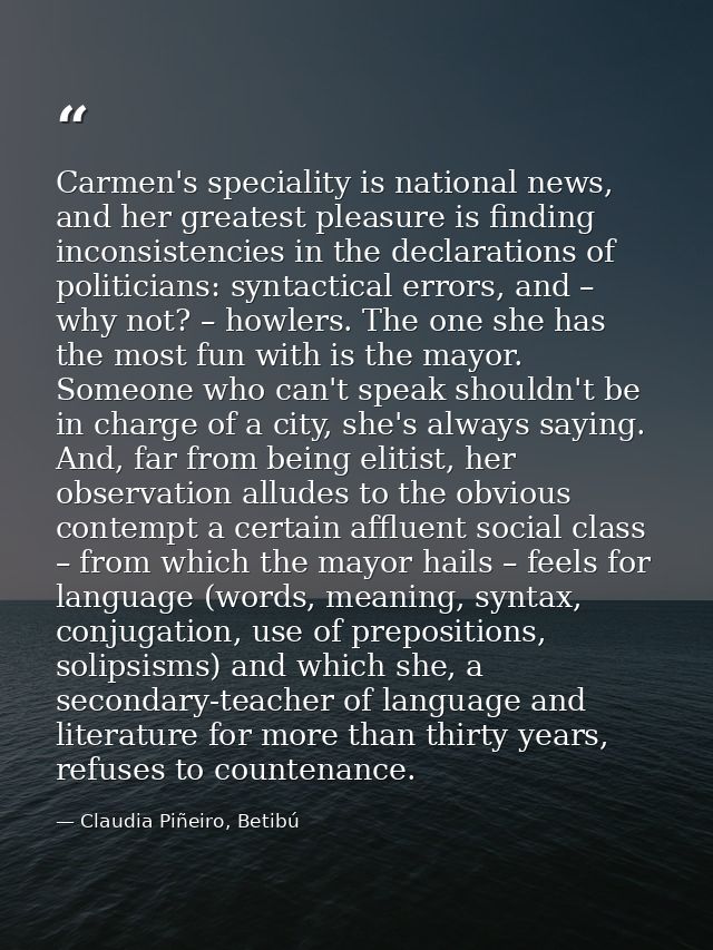 Carmen's speciality is national news, and her greatest pleasure is finding inconsistencies in the declarations of politi — Claudia Piñeiro, Betibú