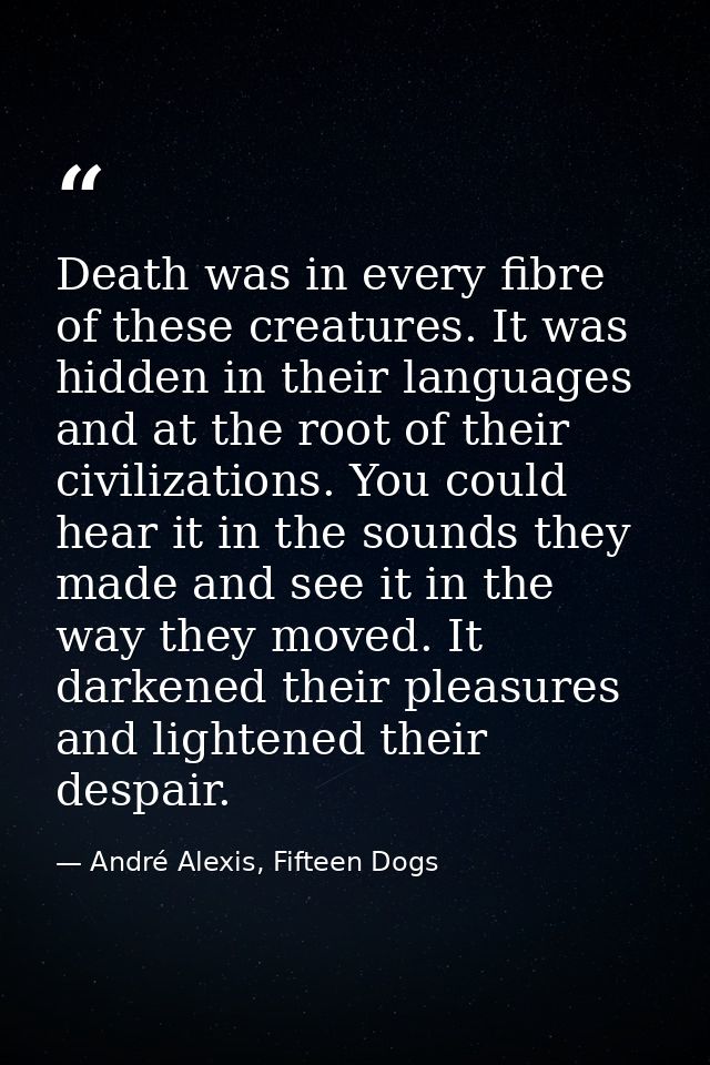Death was in every fibre of these creatures. It was hidden in their languages and at the root of their civilizations. Yo — André Alexis, Fifteen Dogs