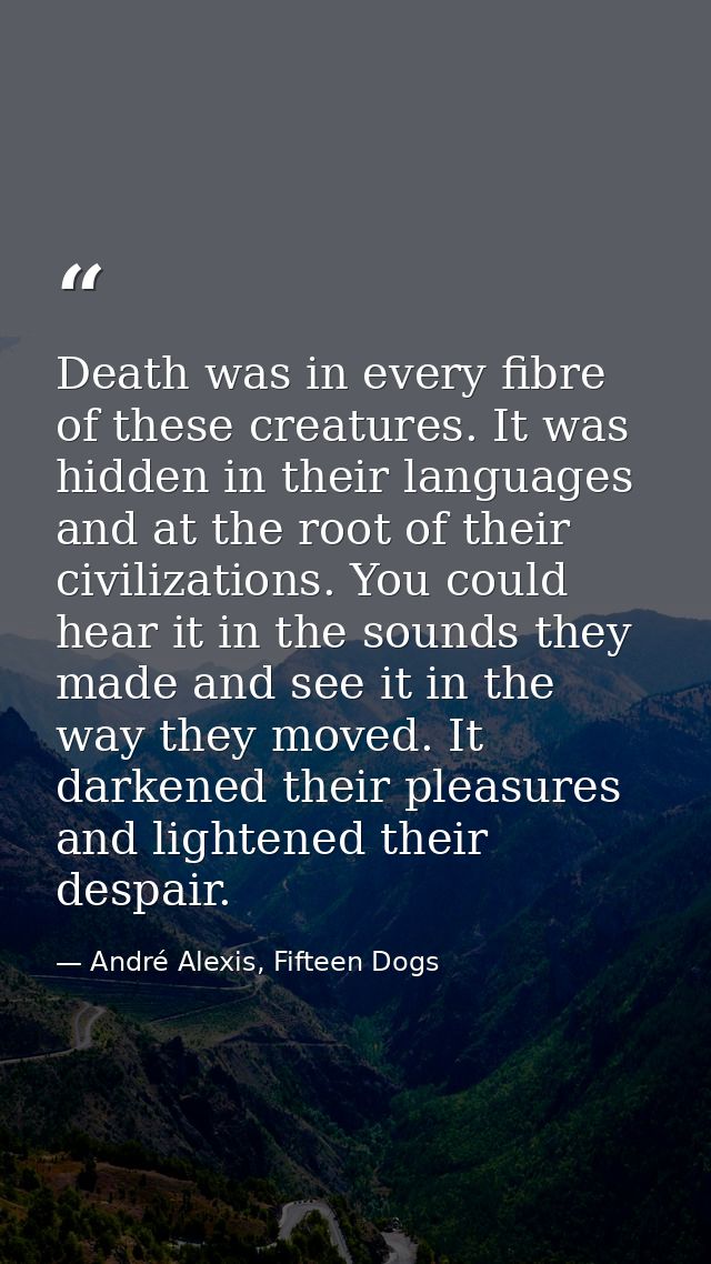 Death was in every fibre of these creatures. It was hidden in their languages and at the root of their civilizations. Yo — André Alexis, Fifteen Dogs