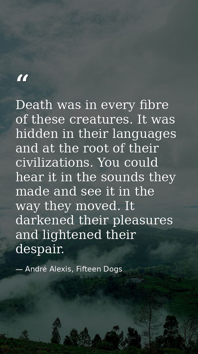 Death was in every fibre of these creatures. It was hidden in their languages and at the root of their civilizations. Yo — André Alexis, Fifteen Dogs