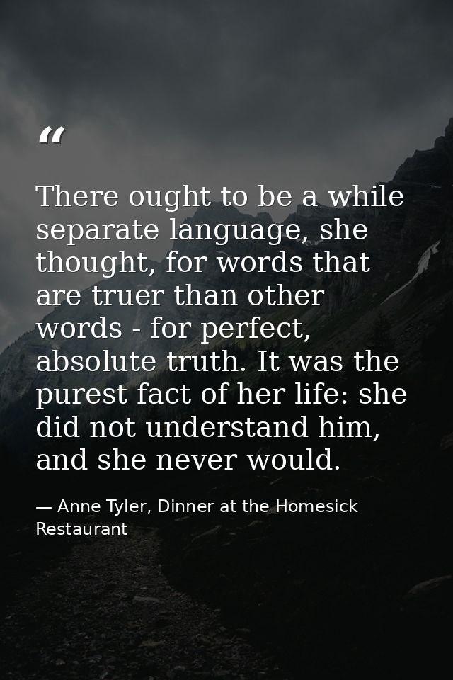 There ought to be a while separate language, she thought, for words that are truer than other words - for perfect, absol — Anne Tyler, Dinner at the Homesick Restaurant