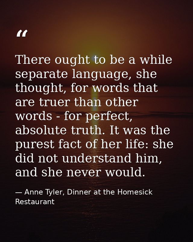 There ought to be a while separate language, she thought, for words that are truer than other words - for perfect, absol — Anne Tyler, Dinner at the Homesick Restaurant