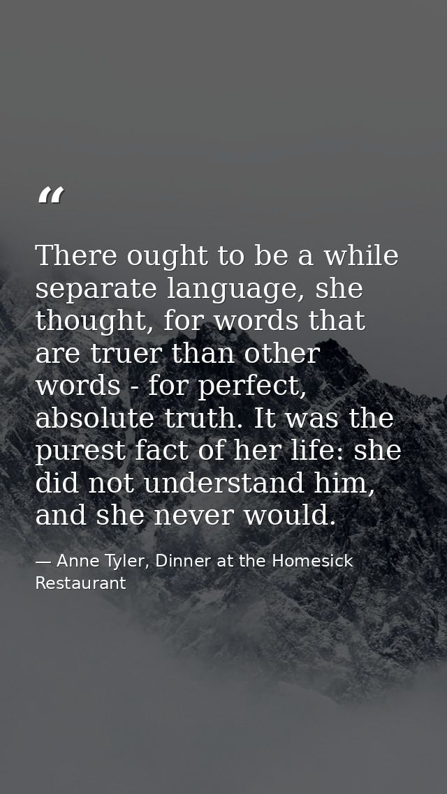 There ought to be a while separate language, she thought, for words that are truer than other words - for perfect, absol — Anne Tyler, Dinner at the Homesick Restaurant