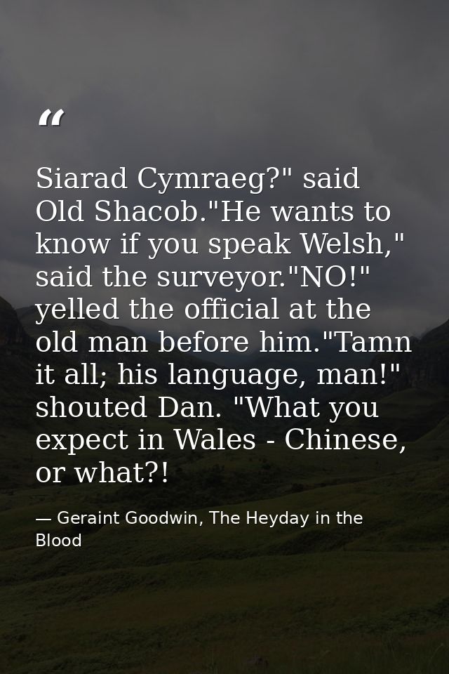 Siarad Cymraeg?" said Old Shacob."He wants to know if you speak Welsh," said the surveyor."NO!" yelled the official at t — Geraint Goodwin, The Heyday in the Blood