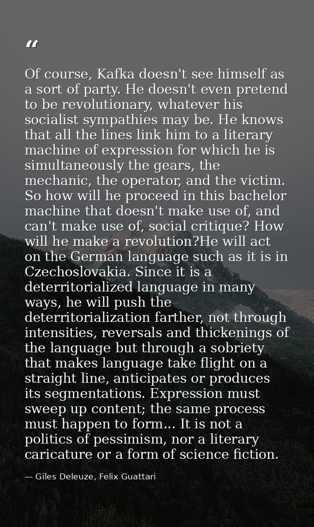 Of course, Kafka doesn't see himself as a sort of party. He doesn't even pretend to be revolutionary, whatever his socia — Giles Deleuze, Felix Guattari