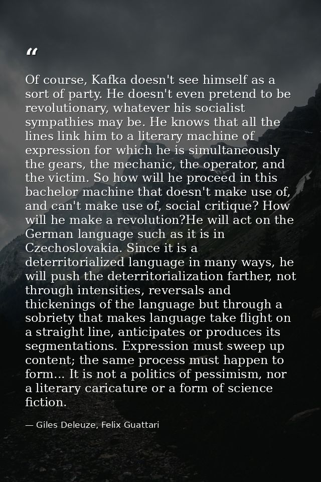 Of course, Kafka doesn't see himself as a sort of party. He doesn't even pretend to be revolutionary, whatever his socia — Giles Deleuze, Felix Guattari