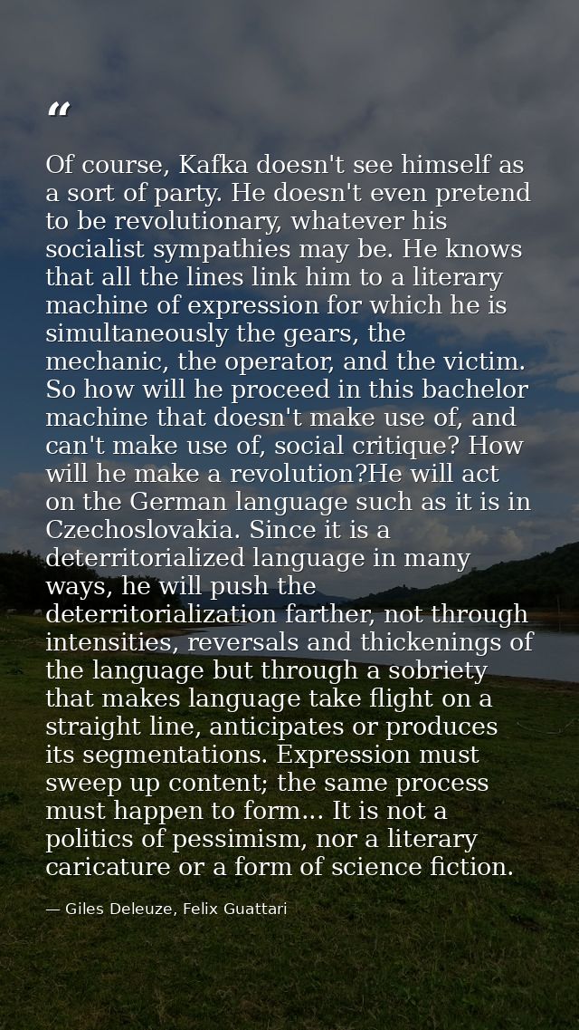 Of course, Kafka doesn't see himself as a sort of party. He doesn't even pretend to be revolutionary, whatever his socia — Giles Deleuze, Felix Guattari