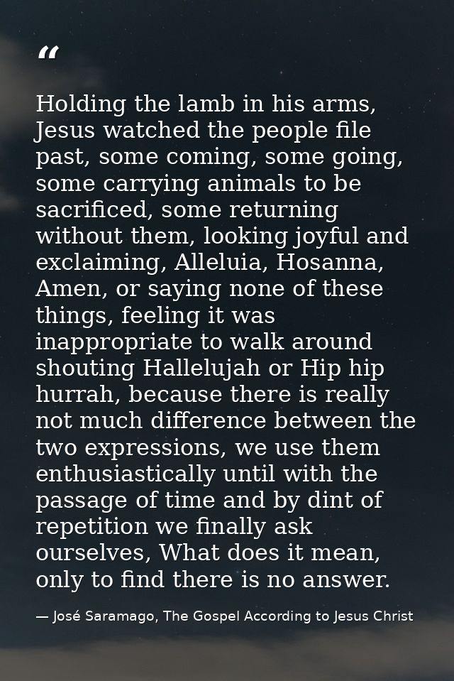 Holding the lamb in his arms, Jesus watched the people file past, some coming, some going, some carrying animals to be s — José Saramago, The Gospel According to Jesus Christ