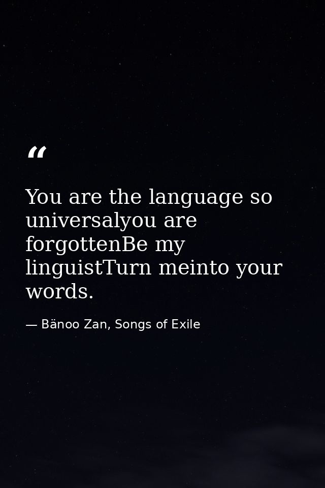 You are the language so universalyou are forgottenBe my linguistTurn meinto your words. — Bänoo Zan, Songs of Exile