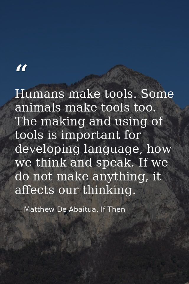 Humans make tools. Some animals make tools too. The making and using of tools is important for developing language, how  — Matthew De Abaitua, If Then