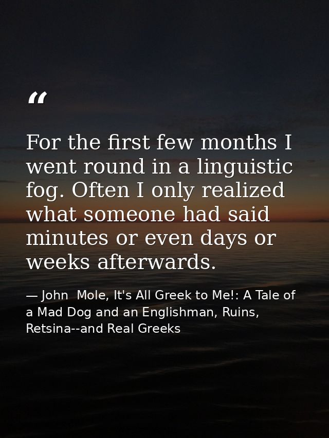 For the first few months I went round in a linguistic fog. Often I only realized what someone had said minutes or even d — John  Mole, It's All Greek to Me!: A Tale of a Mad Dog and an Englishman, Ruins, Retsina--and Real Greeks