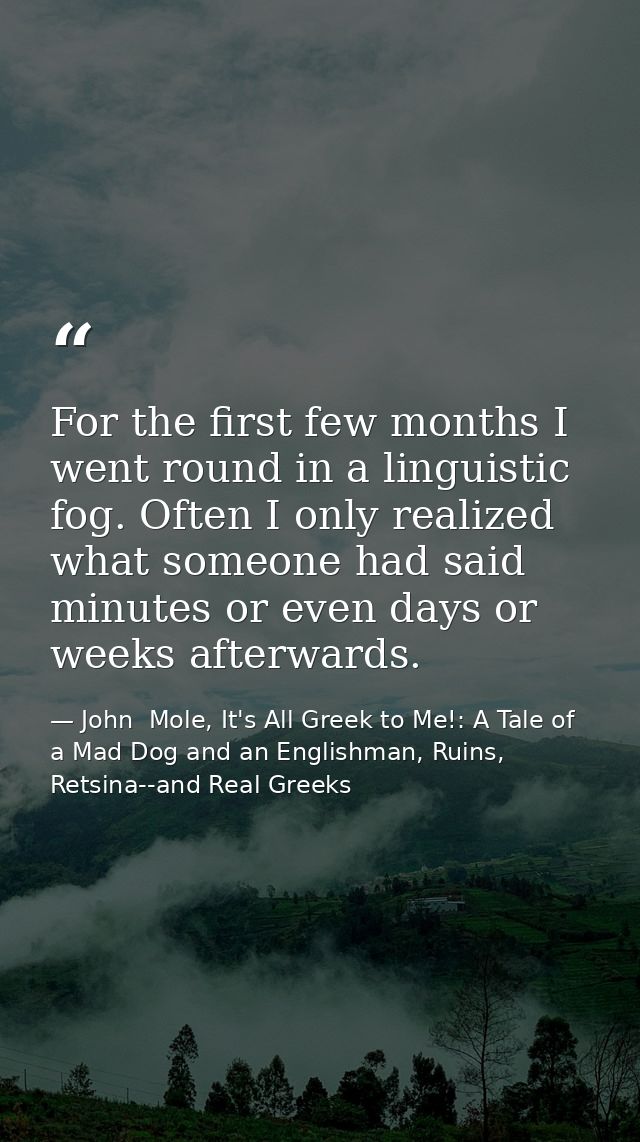 For the first few months I went round in a linguistic fog. Often I only realized what someone had said minutes or even d — John  Mole, It's All Greek to Me!: A Tale of a Mad Dog and an Englishman, Ruins, Retsina--and Real Greeks