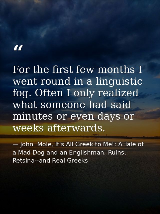 For the first few months I went round in a linguistic fog. Often I only realized what someone had said minutes or even d — John  Mole, It's All Greek to Me!: A Tale of a Mad Dog and an Englishman, Ruins, Retsina--and Real Greeks