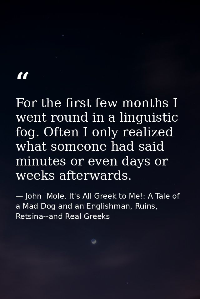 For the first few months I went round in a linguistic fog. Often I only realized what someone had said minutes or even d — John  Mole, It's All Greek to Me!: A Tale of a Mad Dog and an Englishman, Ruins, Retsina--and Real Greeks