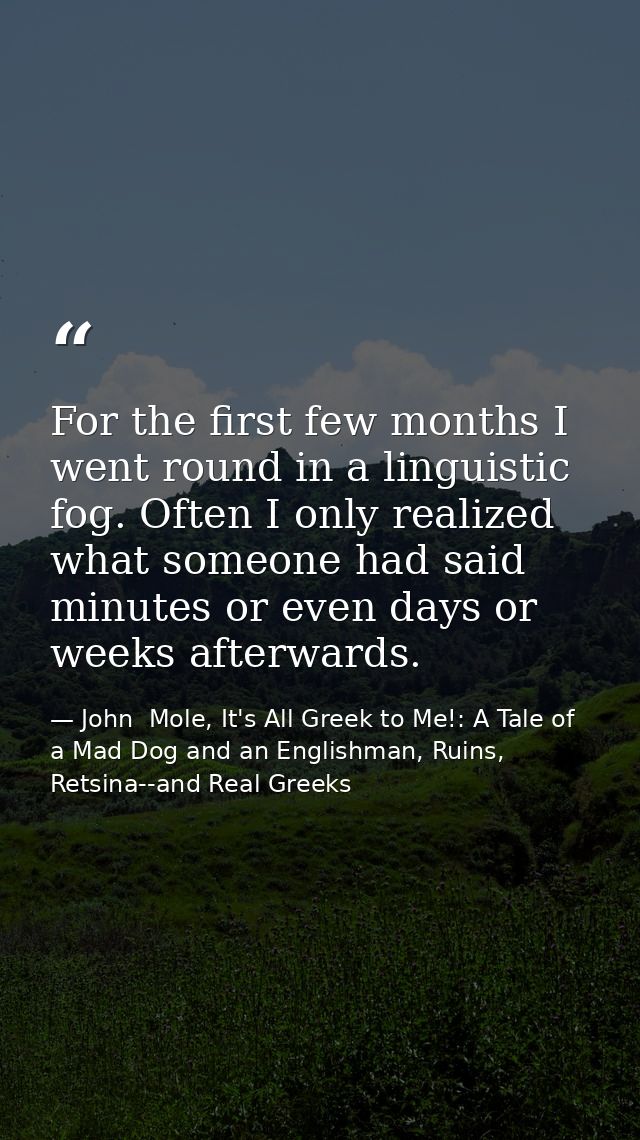 For the first few months I went round in a linguistic fog. Often I only realized what someone had said minutes or even d — John  Mole, It's All Greek to Me!: A Tale of a Mad Dog and an Englishman, Ruins, Retsina--and Real Greeks