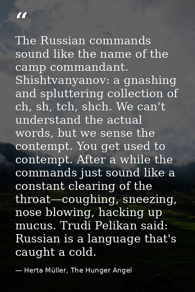 The Russian commands sound like the name of the camp commandant. Shishtvanyanov: a gnashing and spluttering collection o — Herta Müller, The Hunger Angel