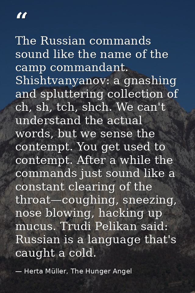 The Russian commands sound like the name of the camp commandant. Shishtvanyanov: a gnashing and spluttering collection o — Herta Müller, The Hunger Angel