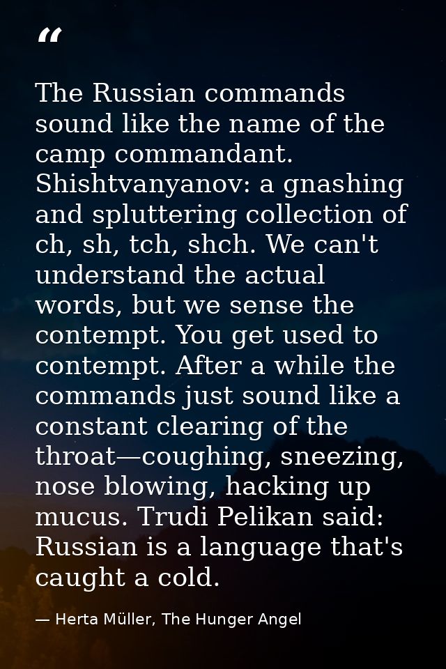 The Russian commands sound like the name of the camp commandant. Shishtvanyanov: a gnashing and spluttering collection o — Herta Müller, The Hunger Angel