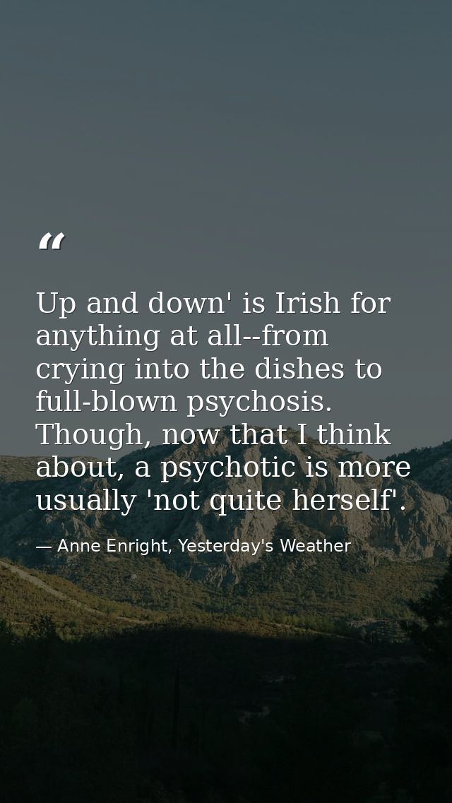 Up and down' is Irish for anything at all--from crying into the dishes to full-blown psychosis. Though, now that I think — Anne Enright, Yesterday's Weather