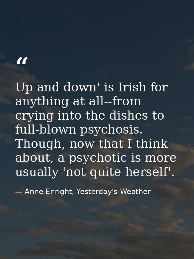 Up and down' is Irish for anything at all--from crying into the dishes to full-blown psychosis. Though, now that I think — Anne Enright, Yesterday's Weather