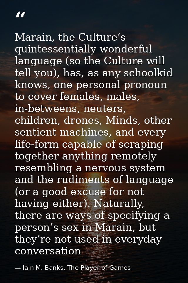 Marain, the Culture’s quintessentially wonderful language (so the Culture will tell you), has, as any schoolkid knows, o — Iain M. Banks, The Player of Games