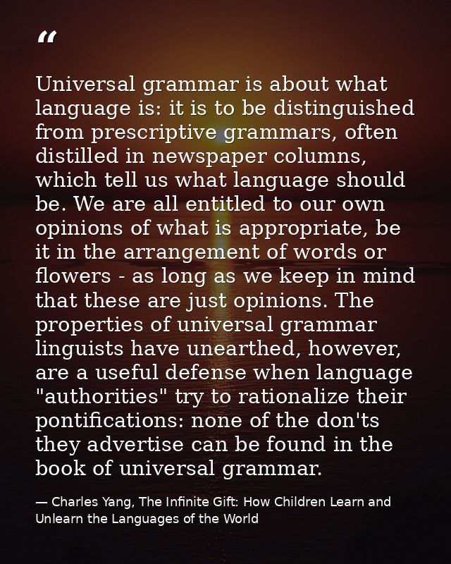 Universal grammar is about what language is: it is to be distinguished from prescriptive grammars, often distilled in ne — Charles Yang, The Infinite Gift: How Children Learn and Unlearn the Languages of the World