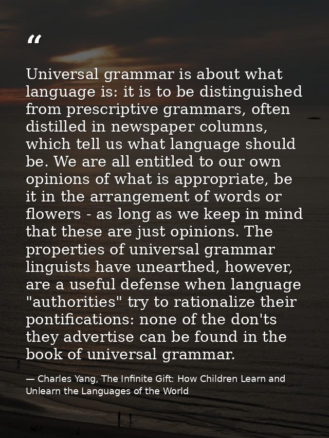 Universal grammar is about what language is: it is to be distinguished from prescriptive grammars, often distilled in ne — Charles Yang, The Infinite Gift: How Children Learn and Unlearn the Languages of the World