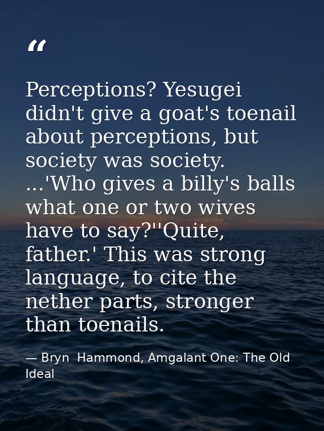 Perceptions? Yesugei didn't give a goat's toenail about perceptions, but society was society. ...'Who gives a billy's ba — Bryn  Hammond, Amgalant One: The Old Ideal