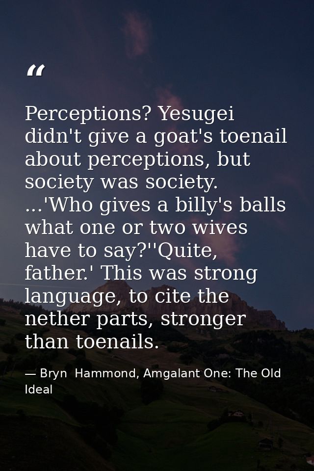 Perceptions? Yesugei didn't give a goat's toenail about perceptions, but society was society. ...'Who gives a billy's ba — Bryn  Hammond, Amgalant One: The Old Ideal