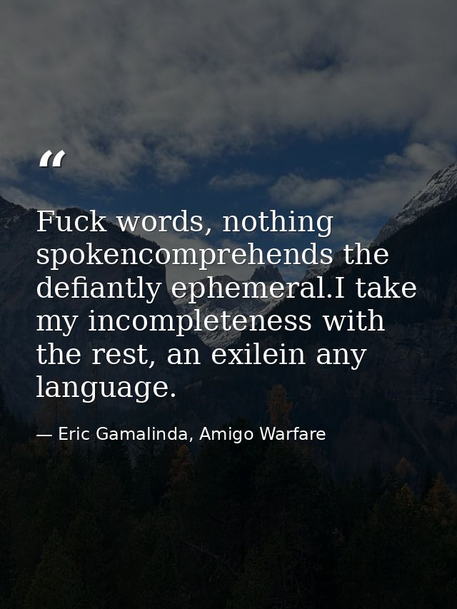 Fuck words, nothing spokencomprehends the defiantly ephemeral.I take my incompleteness with the rest, an exilein any lan — Eric Gamalinda, Amigo Warfare