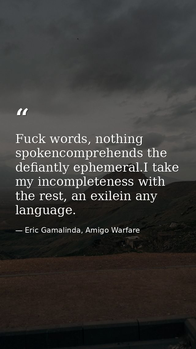 Fuck words, nothing spokencomprehends the defiantly ephemeral.I take my incompleteness with the rest, an exilein any lan — Eric Gamalinda, Amigo Warfare