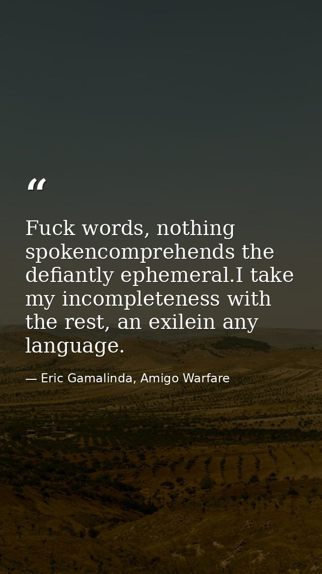Fuck words, nothing spokencomprehends the defiantly ephemeral.I take my incompleteness with the rest, an exilein any lan — Eric Gamalinda, Amigo Warfare