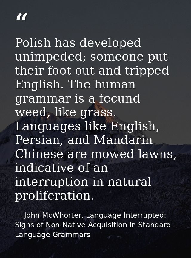 Polish has developed unimpeded; someone put their foot out and tripped English. The human grammar is a fecund weed, like — John McWhorter, Language Interrupted: Signs of Non-Native Acquisition in Standard Language Grammars