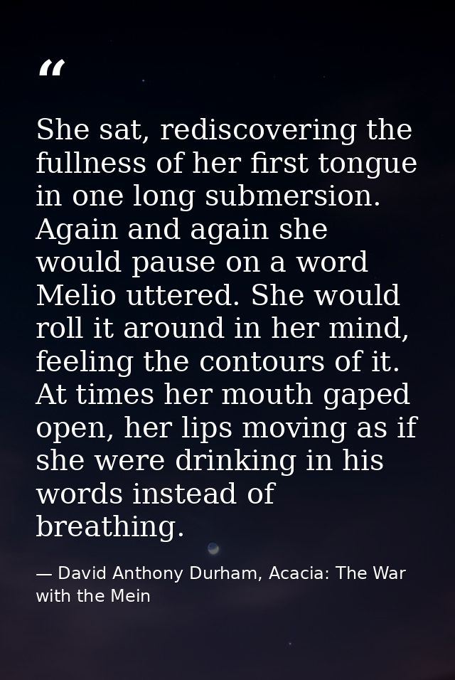 She sat, rediscovering the fullness of her first tongue in one long submersion. Again and again she would pause on a wor — David Anthony Durham, Acacia: The War with the Mein