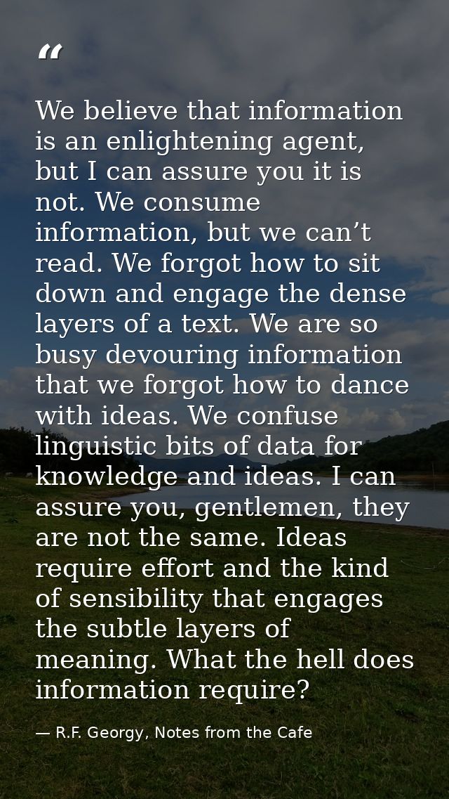 We believe that information is an enlightening agent, but I can assure you it is not. We consume information, but we can — R.F. Georgy, Notes from the Cafe