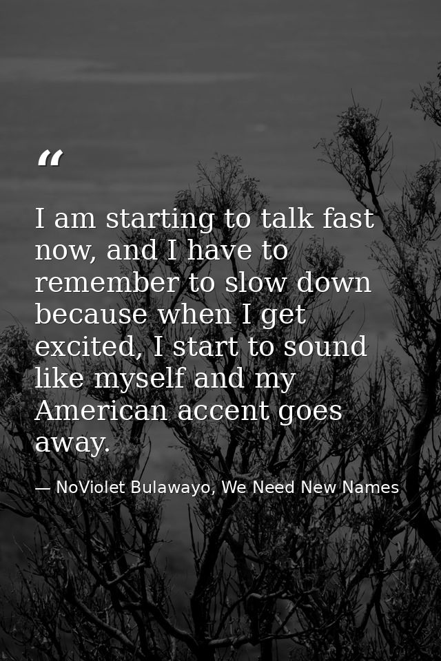 I am starting to talk fast now, and I have to remember to slow down because when I get excited, I start to sound like my — NoViolet Bulawayo, We Need New Names