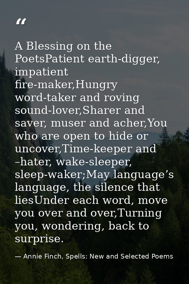 A Blessing on the PoetsPatient earth-digger, impatient fire-maker,Hungry word-taker and roving sound-lover,Sharer and sa — Annie Finch, Spells: New and Selected Poems
