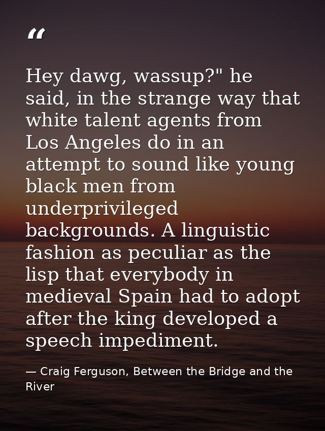 Hey dawg, wassup?" he said, in the strange way that white talent agents from Los Angeles do in an attempt to sound like  — Craig Ferguson, Between the Bridge and the River