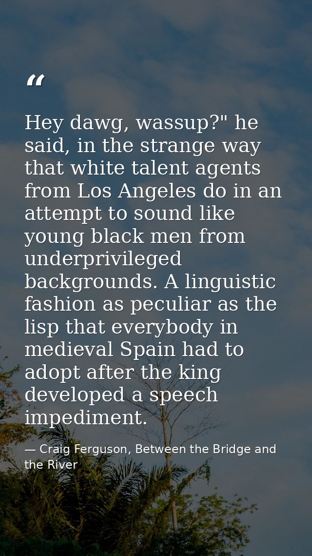 Hey dawg, wassup?" he said, in the strange way that white talent agents from Los Angeles do in an attempt to sound like  — Craig Ferguson, Between the Bridge and the River