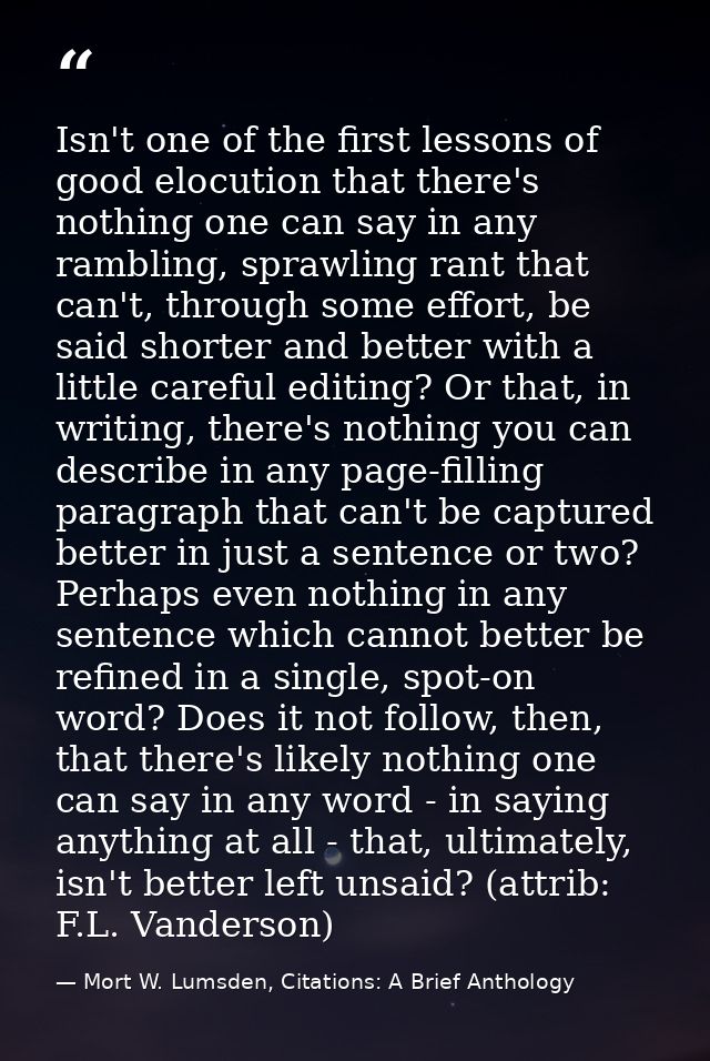 Isn't one of the first lessons of good elocution that there's nothing one can say in any rambling, sprawling rant that c — Mort W. Lumsden, Citations: A Brief Anthology