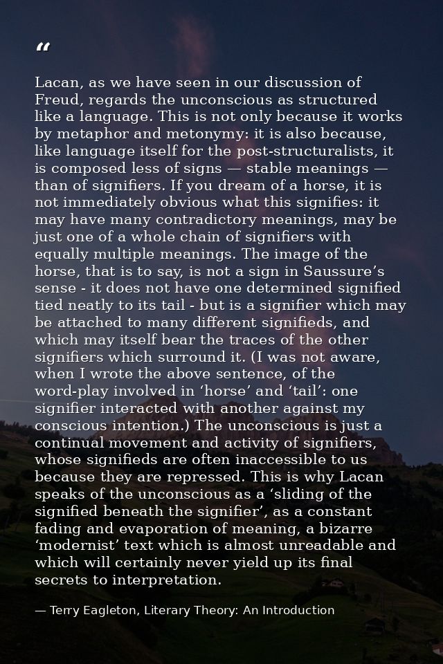 Lacan, as we have seen in our discussion of Freud, regards the unconscious as structured like a language. This is not on — Terry Eagleton, Literary Theory: An Introduction