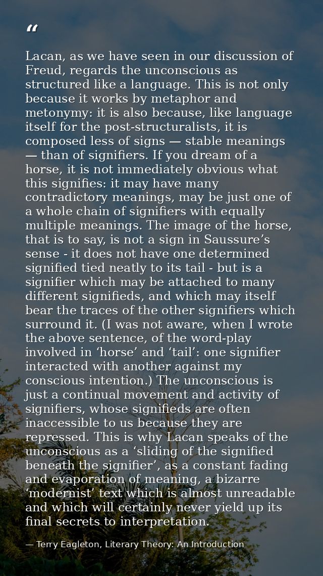 Lacan, as we have seen in our discussion of Freud, regards the unconscious as structured like a language. This is not on — Terry Eagleton, Literary Theory: An Introduction