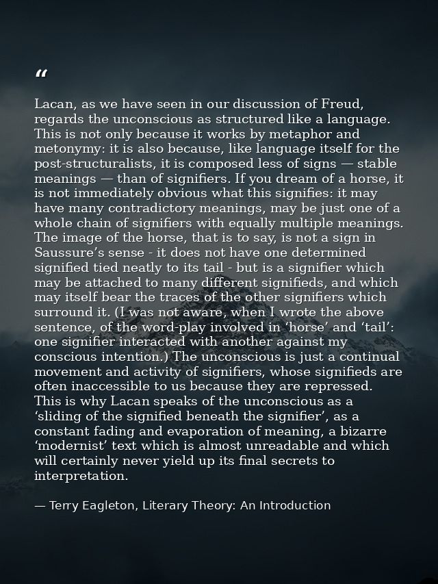 Lacan, as we have seen in our discussion of Freud, regards the unconscious as structured like a language. This is not on — Terry Eagleton, Literary Theory: An Introduction