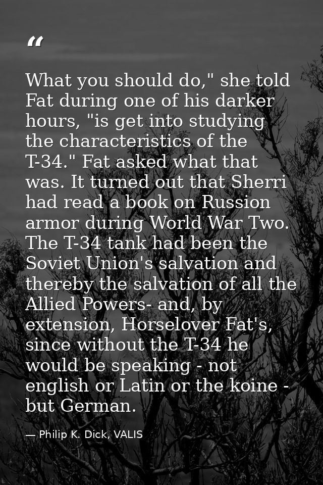 What you should do," she told Fat during one of his darker hours, "is get into studying the characteristics of the T-34. — Philip K. Dick, VALIS