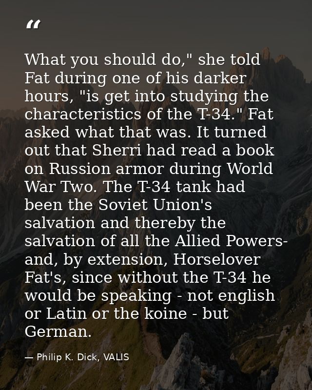 What you should do," she told Fat during one of his darker hours, "is get into studying the characteristics of the T-34. — Philip K. Dick, VALIS