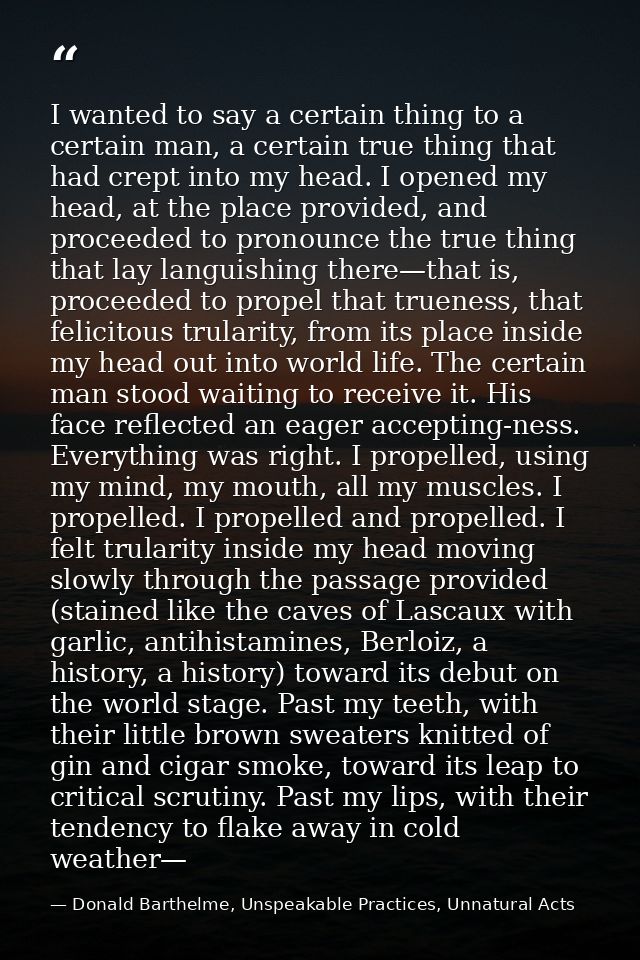 I wanted to say a certain thing to a certain man, a certain true thing that had crept into my head. I opened my head, at — Donald Barthelme, Unspeakable Practices, Unnatural Acts