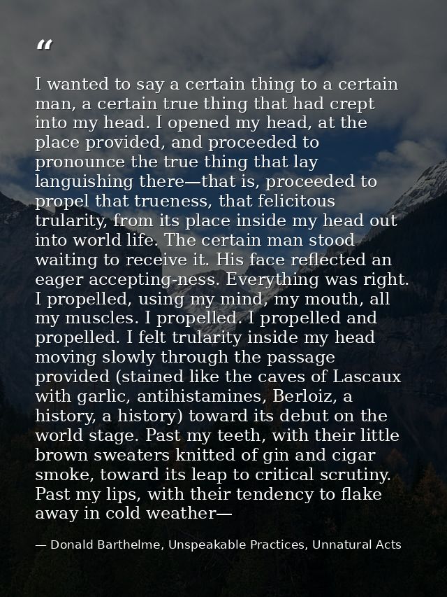 I wanted to say a certain thing to a certain man, a certain true thing that had crept into my head. I opened my head, at — Donald Barthelme, Unspeakable Practices, Unnatural Acts