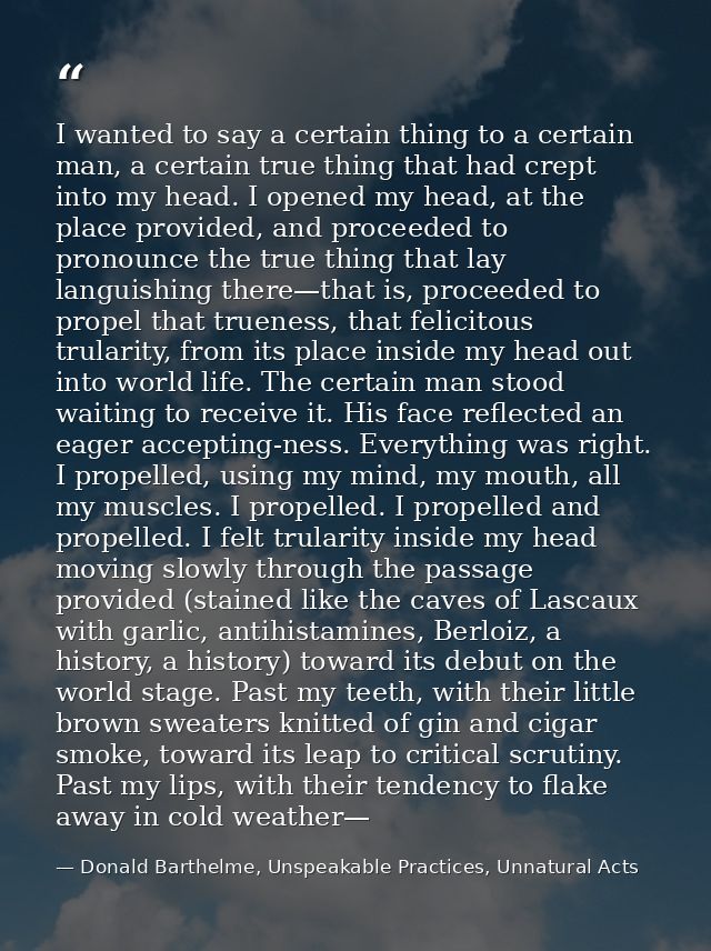 I wanted to say a certain thing to a certain man, a certain true thing that had crept into my head. I opened my head, at — Donald Barthelme, Unspeakable Practices, Unnatural Acts