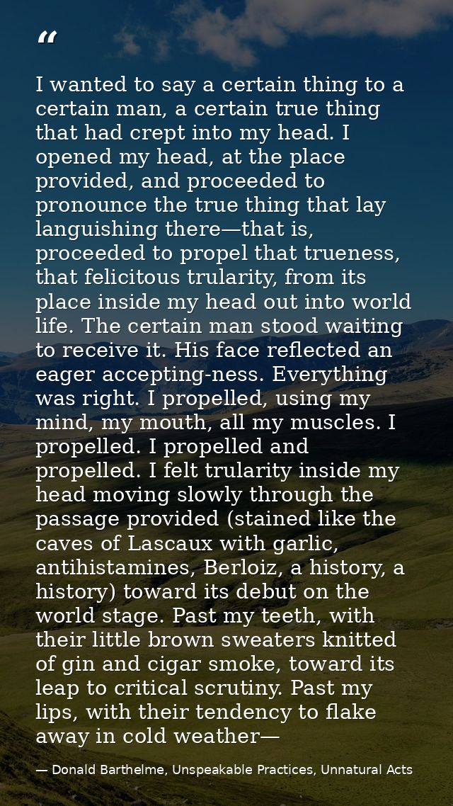I wanted to say a certain thing to a certain man, a certain true thing that had crept into my head. I opened my head, at — Donald Barthelme, Unspeakable Practices, Unnatural Acts